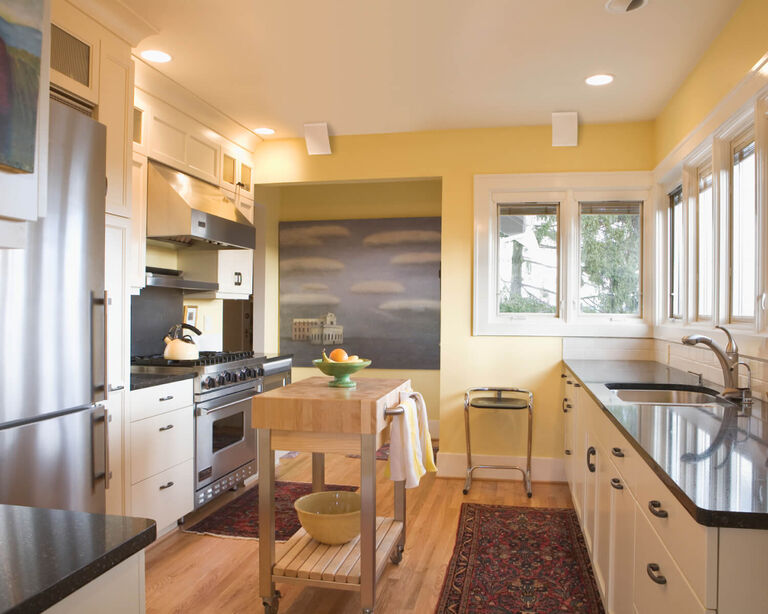 On-wall speakers in a kitchen On-wall speakers in a kitchen