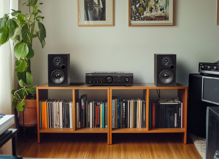 T-Series bookshelf speakers on a table with albums