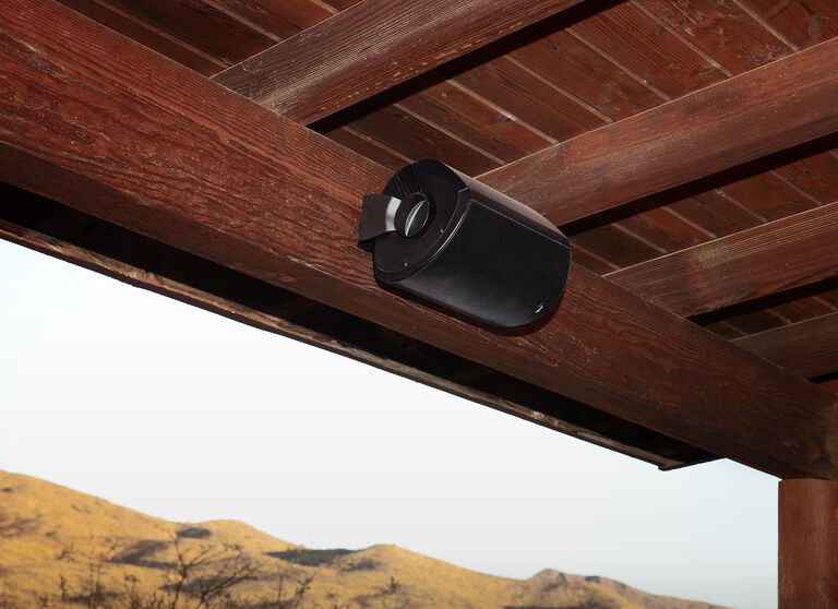 An atrium speaker mounted to a beam