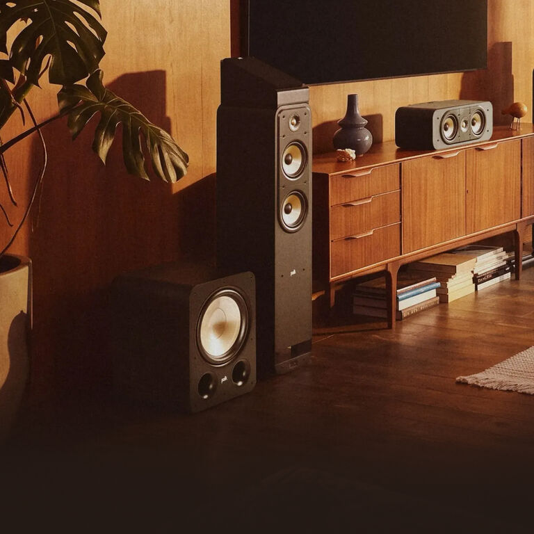 Signature Elite speakers set up in a living room