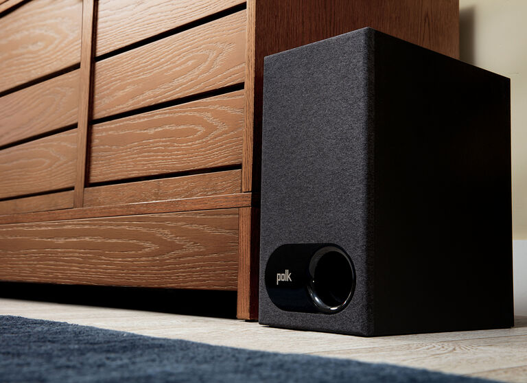 The Signa Subwoofer on the floor by the entertainment center