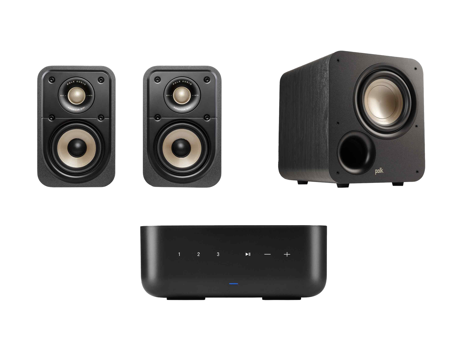 ES10 bookshelf speakers, ES8 Subwoofer, and Denon Home amp.